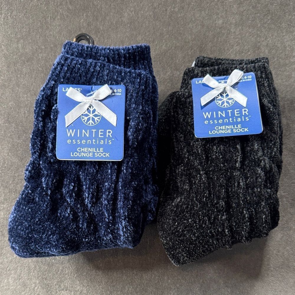 Women’s Winter Essentials Chenille Lounge Socks 1x Navy 1x Black Size 4-10 NEW